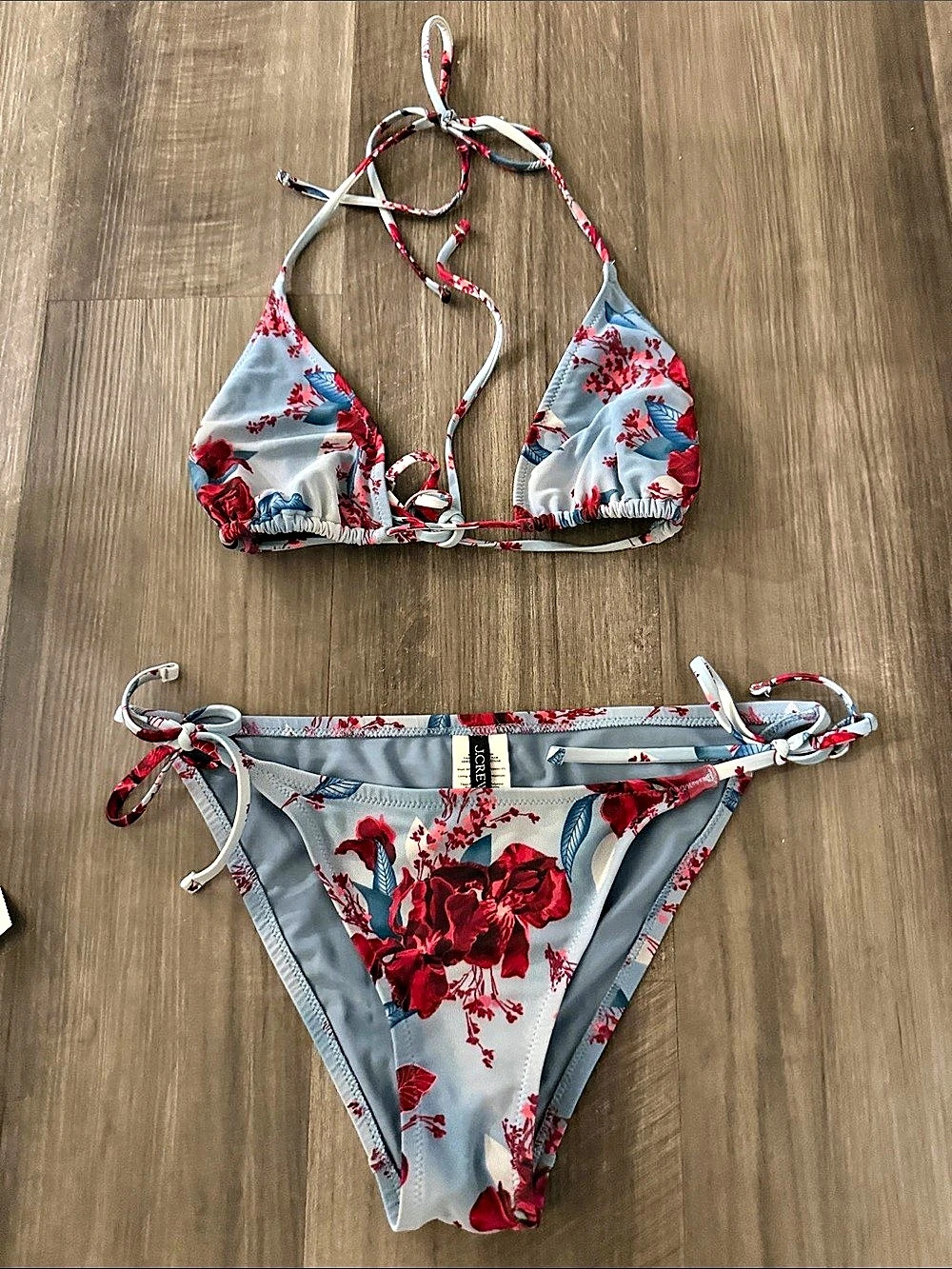 J Crew Aqua Floral Bikini Blue & Red Size Small Like New